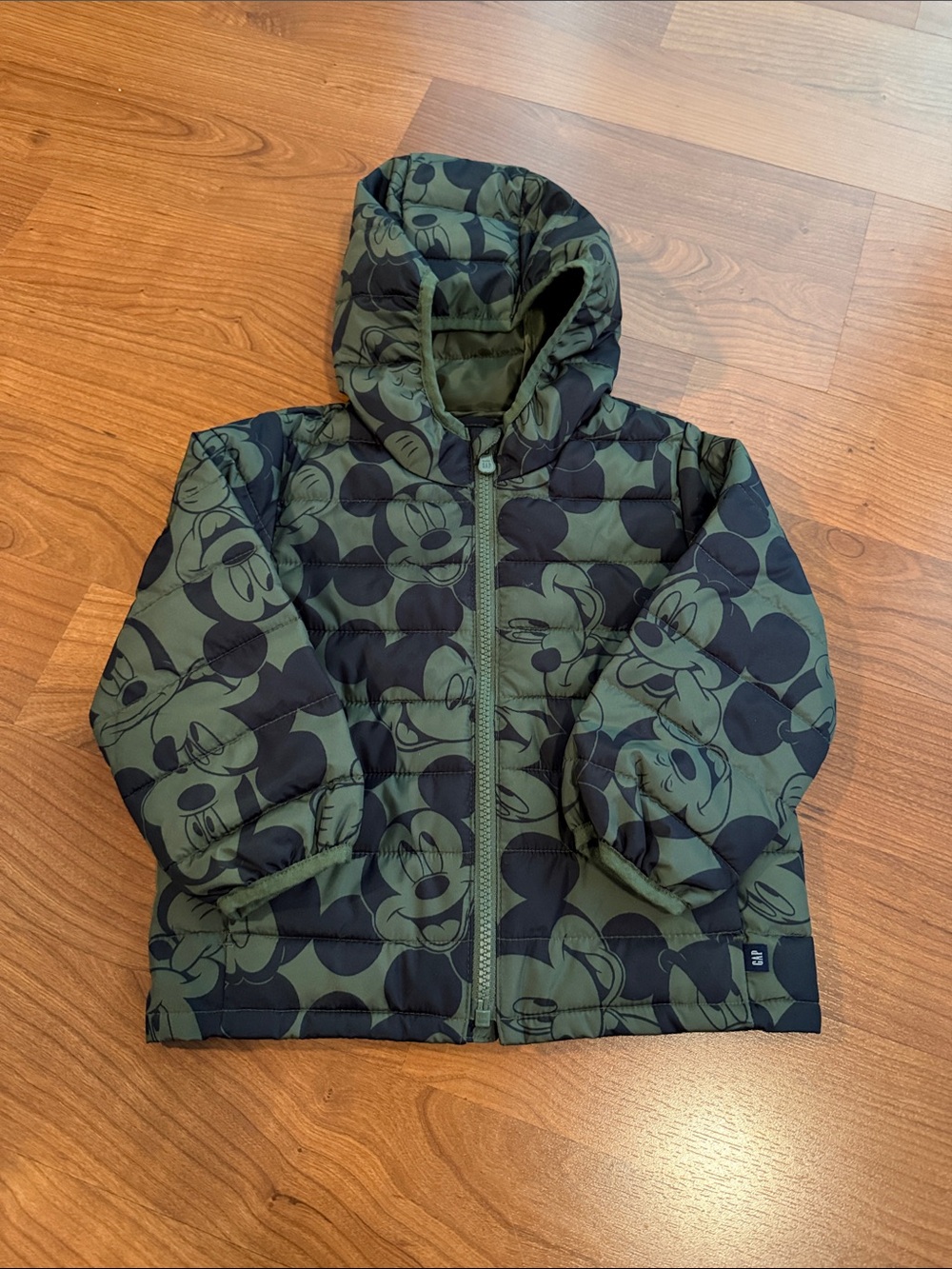 GAP Olive Green and Black Mickey Mouse Puffer Jacket with Hood